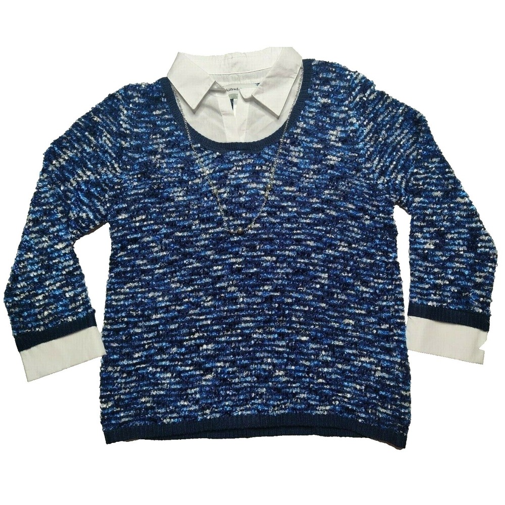 Alfred‎ Dunner Petite Large Hunter Mountain Blue Sweater Woven Cuff & Collar NEW